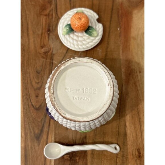 Fitz & Floyd Mediterranean Fruit Sugar Bowl Jam Jar Lid Spoon Vintage 1992 - Picture 6 of 10
